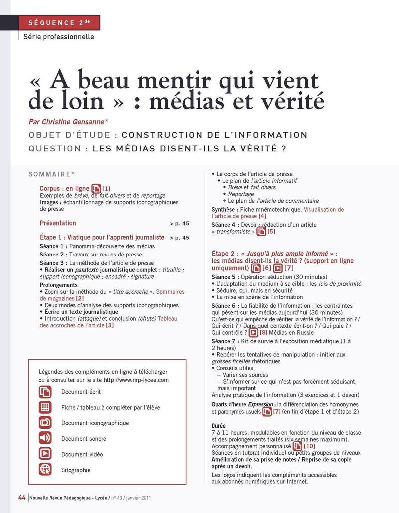 NRP Lycée – Séquence Bac Pro 2de – « A beau mentir qui vient de loin » – Janvier 2011 (Format PDF)