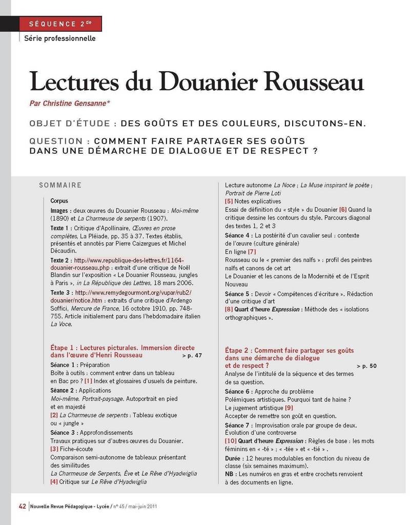 NRP Lycée – Séquence Bac Pro 2de – Lectures du Douanier Rousseau – Mai-Juin 2011 (Format PDF)