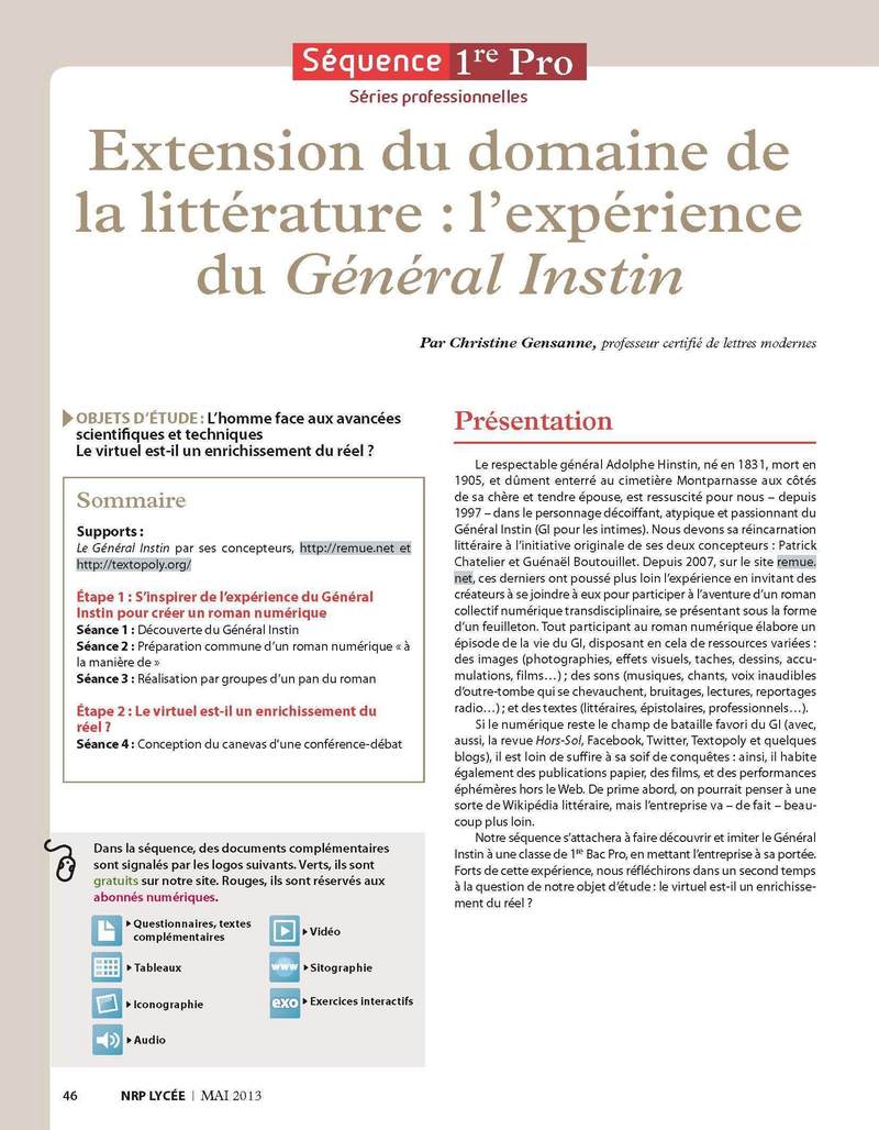 NRP Lycée – Séquence Bac Pro 1re – Extension du domaine de la littérature : l’expérience du Général Instin – Mai-Juin 2013 (Format PDF)