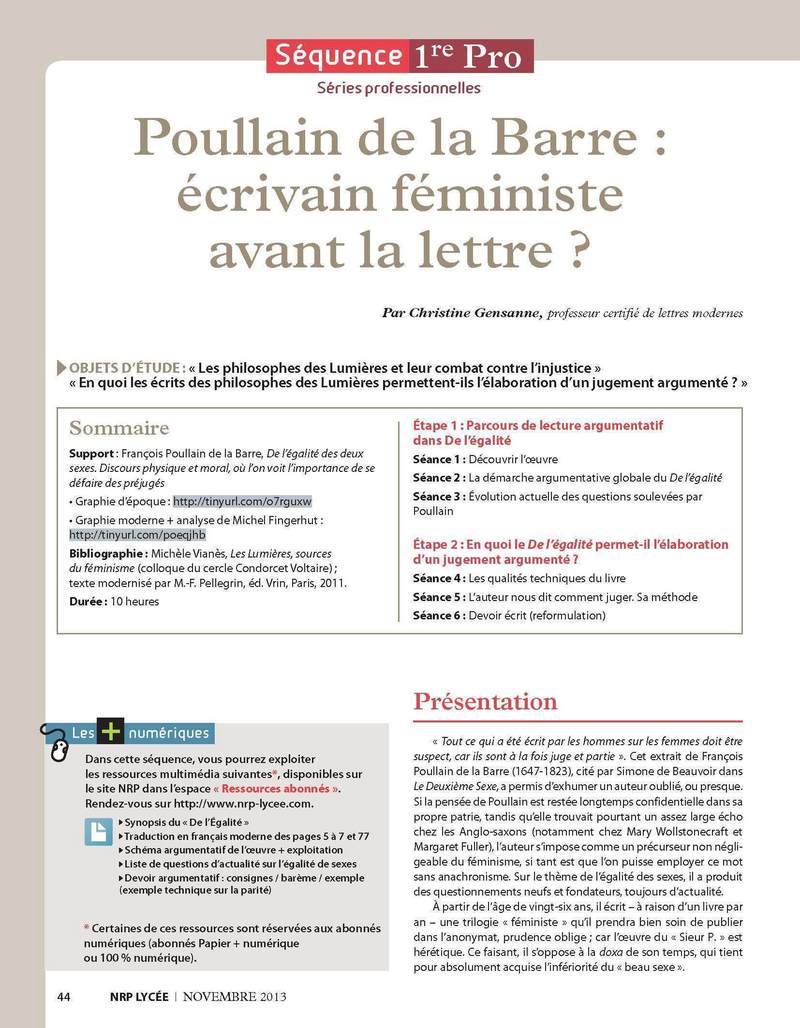NRP Lycée – Séquence Bac Pro 1re – Poullain de la Barre : écrivain féministe avant la lettre?