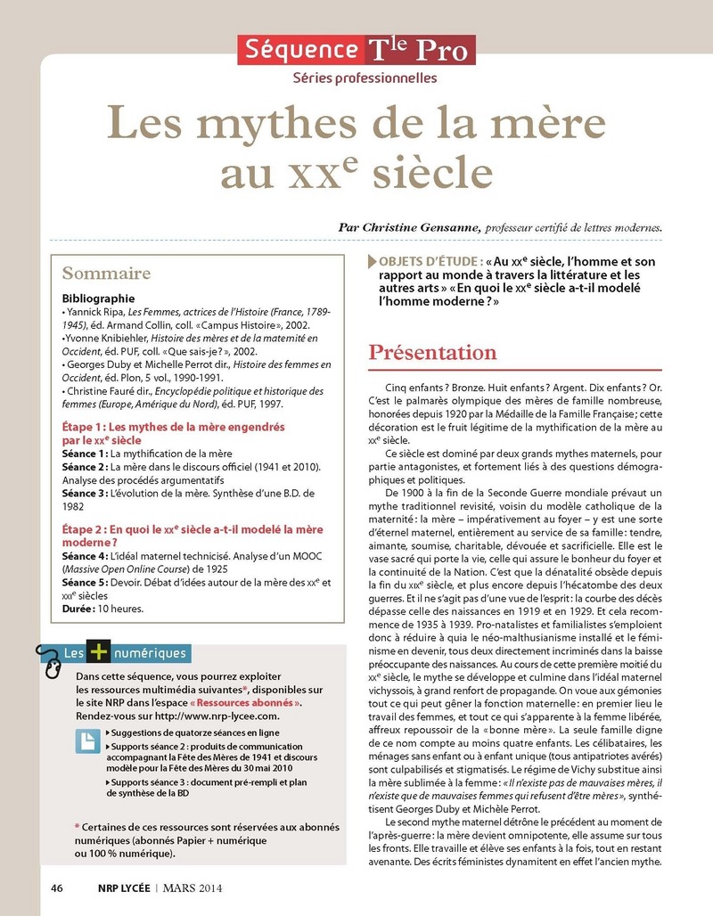 NRP Lycée – Séquence Bac Pro Tle – Les mythes de la mère au XXe siècle  – Mars 2014 (Format PDF)