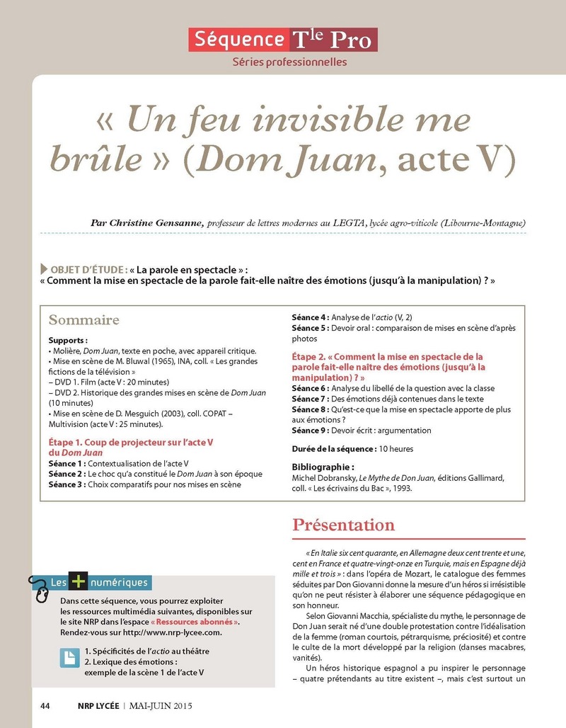 NRP Lycée – Séquence Bac Pro Tle – « Un feu invisible me brûle » (Dom Juan, acte V) – Mai-Juin 2015 (Format PDF)