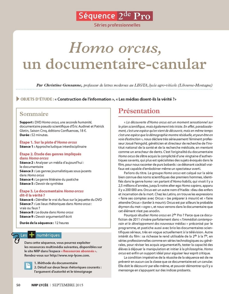 NRP Lycée – Séquence Bac Pro 2de – Homo orcus, un documentaire-canular